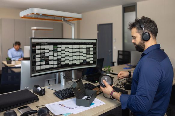 Oseba v pisarni s slušalkami pripravlja napravo na svoji delovni mizi, na velikem monitorju pa je prikazan programski vmesnik. V ozadju za računalnikom dela še druga oseba.