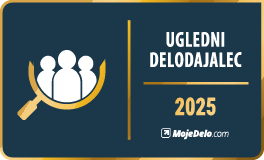 Ikona s silhuetami pod povečevalnim steklom ter besedilom »UGLEDNI DELODAJALEC 2025« in »MojeDelo.com«.